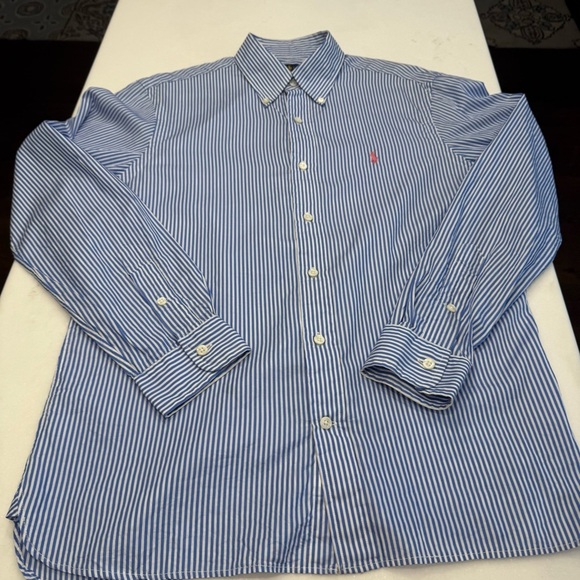 Ralph Lauren Mens M Blue & White Striped Long Sleeve Button Down Shirt Pink Pony - Picture 9 of 10